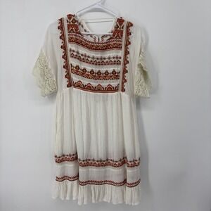 Free People Sunset Wanderer White Red Embroidered Boho Mini Dress *Read* Medium